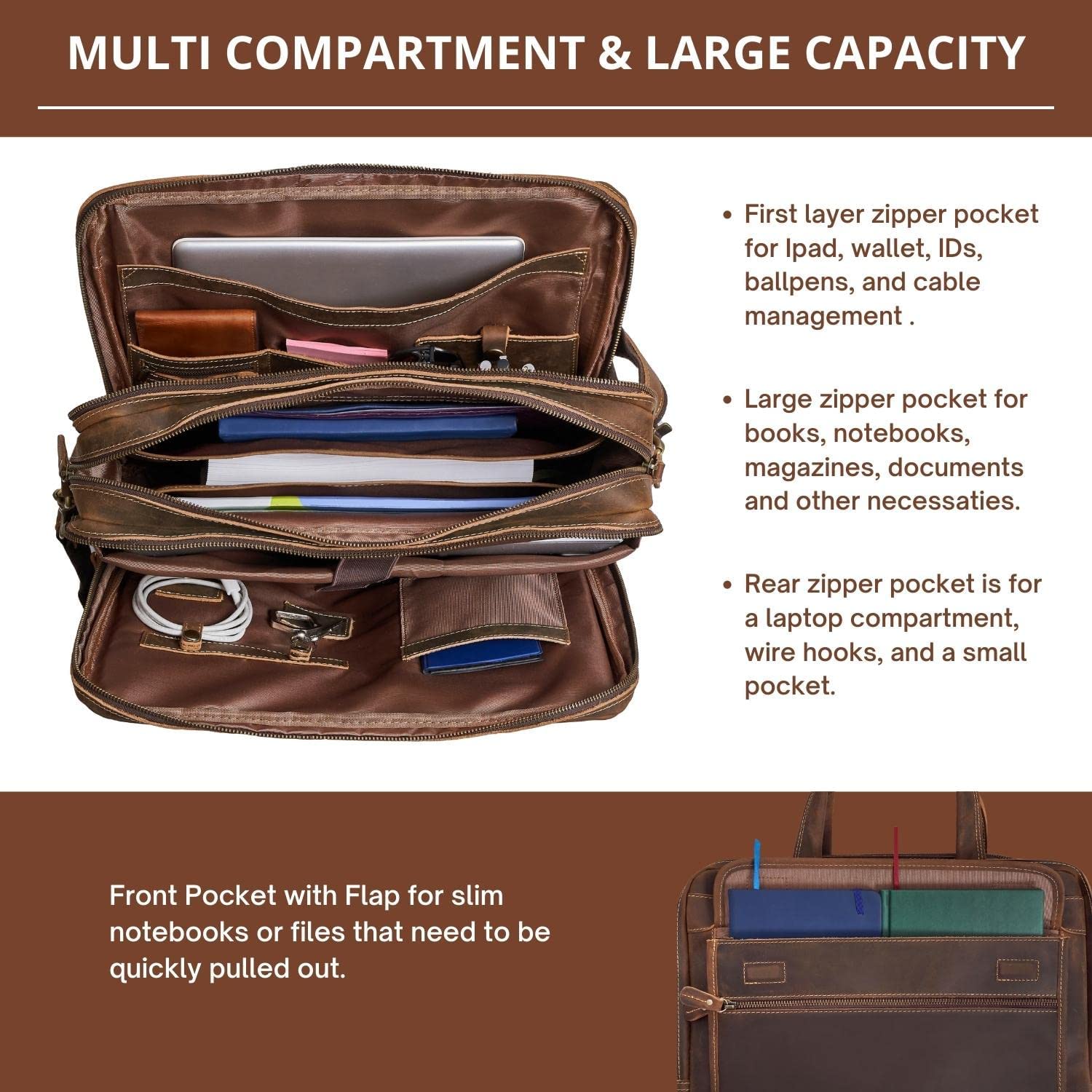 Luxorro Full Grain Leather Briefcase for Men, Top Choice Gifts for Men, Handcrafted Leather Laptop Bag with Multiple Compartments and Brass Hardware, Fits 15.6 Inch Laptop - Image 5